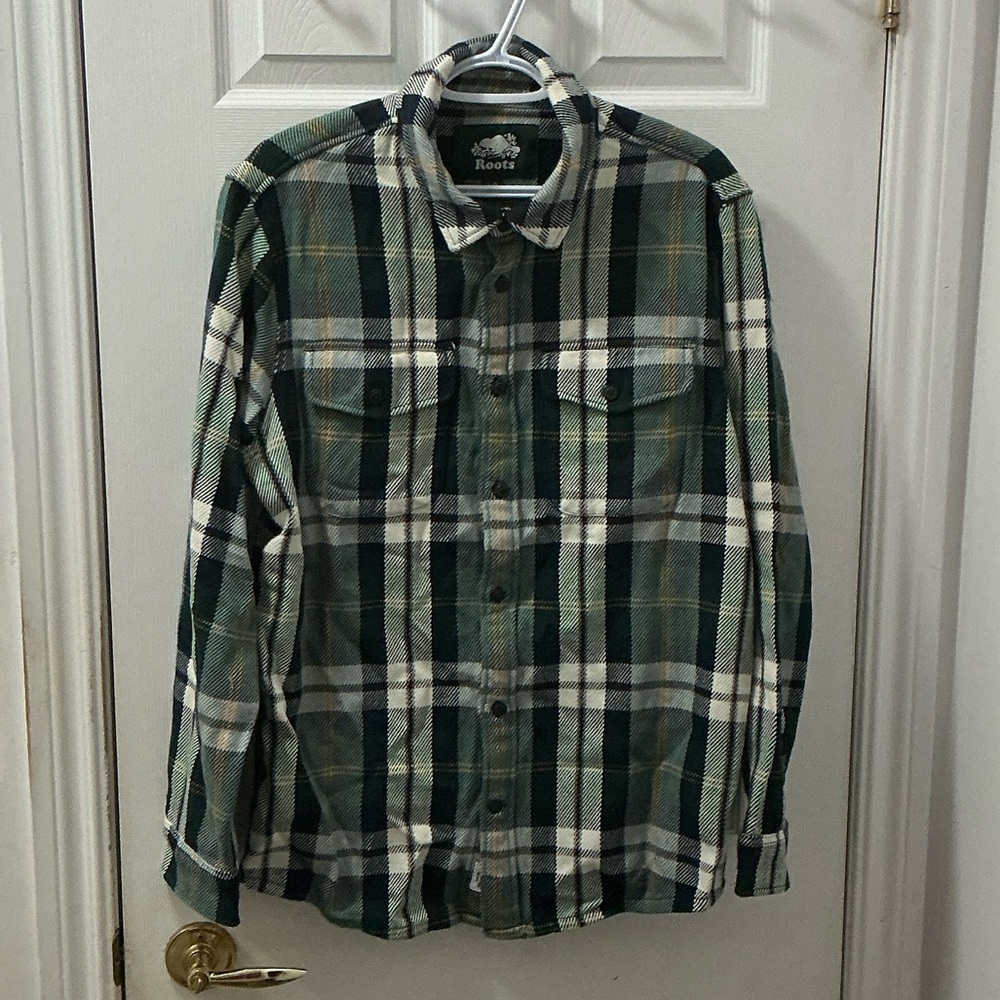 Roots Men's Green and White Plaid Shirt